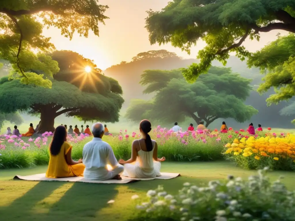 Beneficios de meditación védica para conciencia: Grupo en meditación en prado exuberante al atardecer, reflejando calma y serenidad