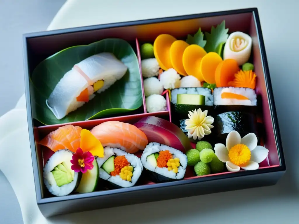 Un bento japonés meticulosamente dispuesto con sushi, sashimi, vegetales encurtidos y flores comestibles, influencias asiáticas emplatado vanguardia