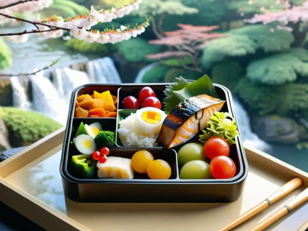 Un bento japonés tradicional de alta resolución con una presentación meticulosa, en un entorno tranquilo y natural