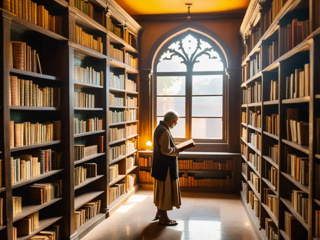 Un bibliotecario lee en una biblioteca india antigua, con libros envejecidos