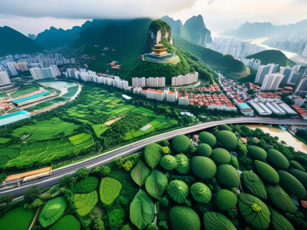 Invertir en bienes raíces Asia: Vista aérea de una ciudad asiática en crecimiento, con modernos rascacielos y arquitectura tradicional, calles bulliciosas y mercados vibrantes, rodeada de exuberante vegetación y un río serpenteante