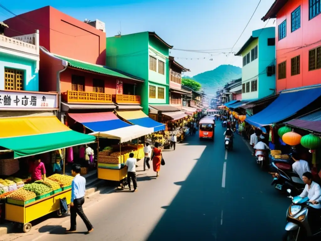 Invertir en bienes raíces Asia: Calle bulliciosa de una ciudad secundaria con edificios coloridos, vendedores y multitudes, irradiando energía y encanto urbano