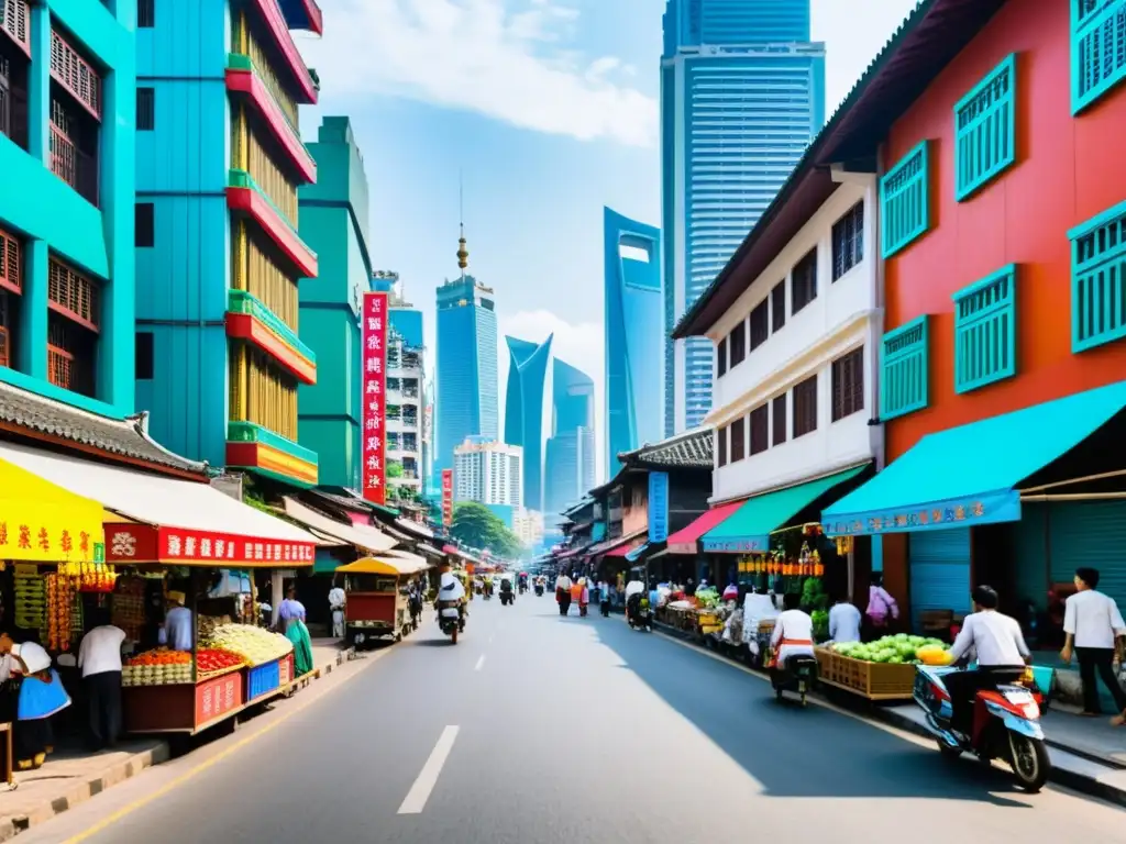 Invertir en bienes raíces Asia: Calle bulliciosa, edificios tradicionales y modernos, gente y vendedores, energía vibrante