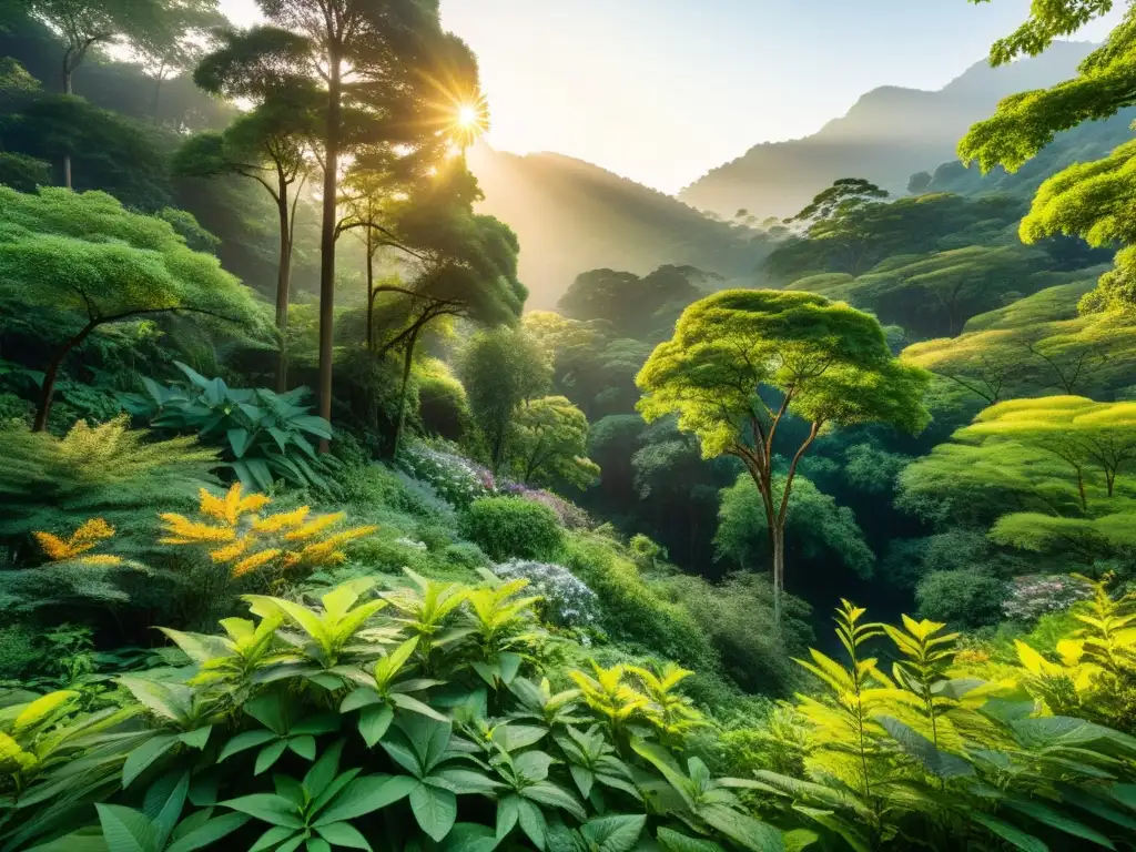 Biocosmética asiática para piel natural: Bosque sereno, soleado, con plantas nativas exuberantes y biodiversidad, bañado en luz dorada