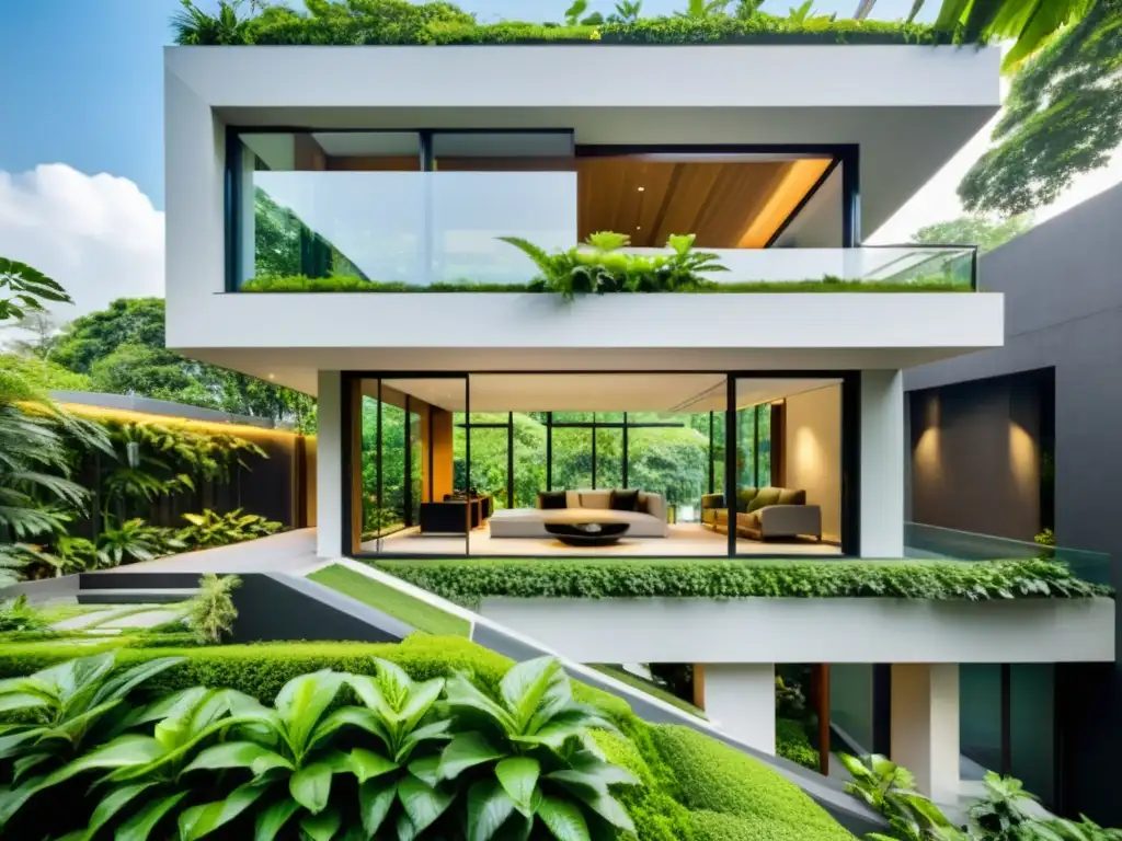 Diseño biofílico en arquitectura asiática: Edificio moderno integrado con exuberante vegetación, creando armonía y belleza natural