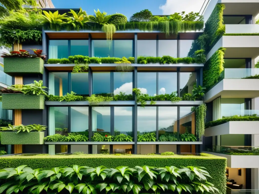 Diseño biofílico en arquitectura asiática: Edificio moderno integrado con exuberante vegetación, cascadas de paredes verdes y luz natural