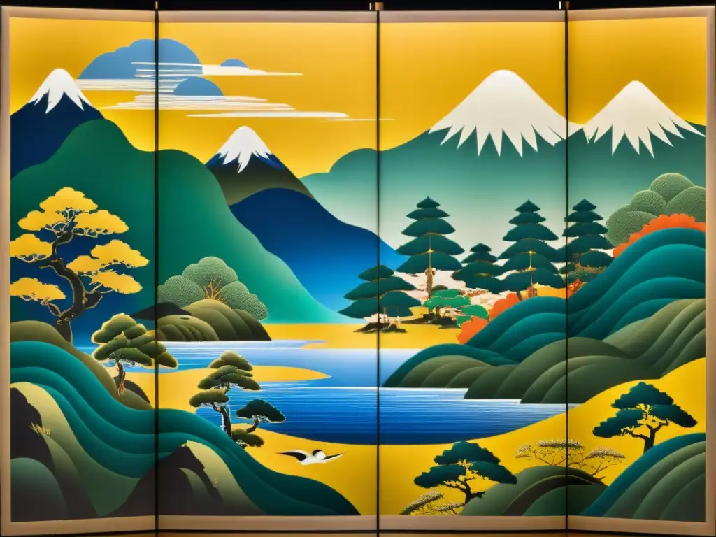 Un biombo japonés deslumbrante que muestra escenas históricas y paisajes impresionantes, con colores vibrantes y detalles exquisitos