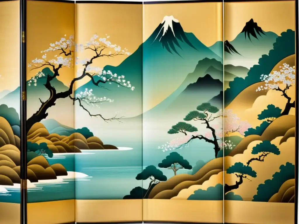 Un biombo japonés tradicional con escenas de la naturaleza pintadas a mano, incluyendo flores de cerezo, ríos y montañas