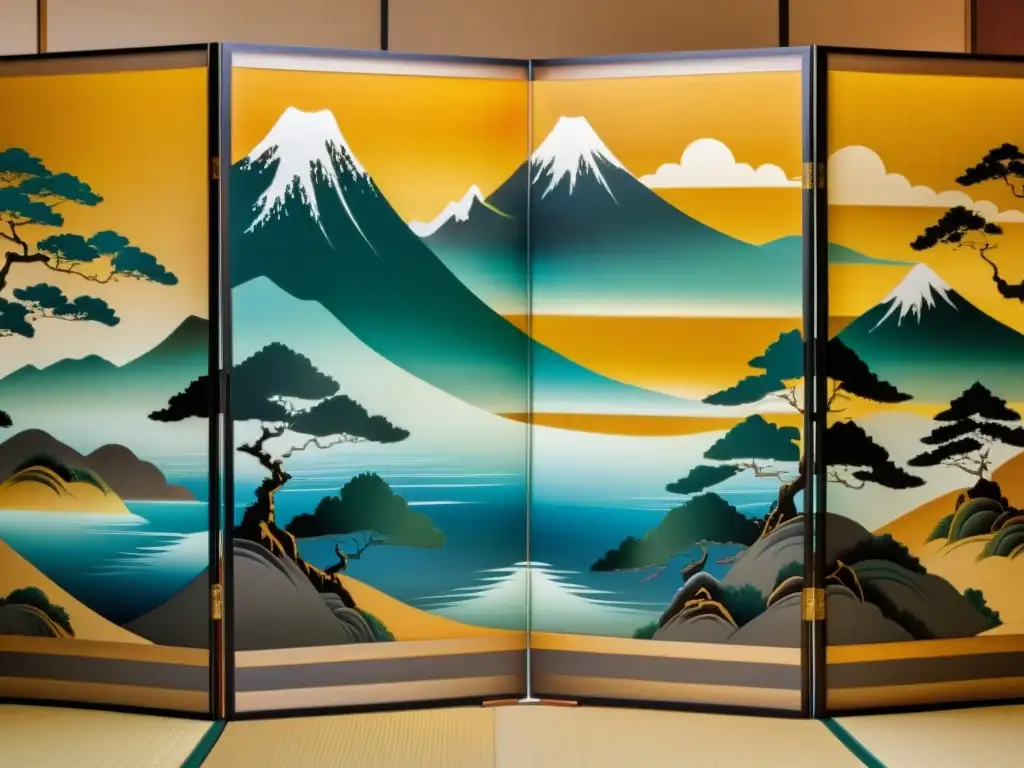 Biombo japonés despliega paisajes y escenas históricas detalladas, con colores vibrantes y precisión artística