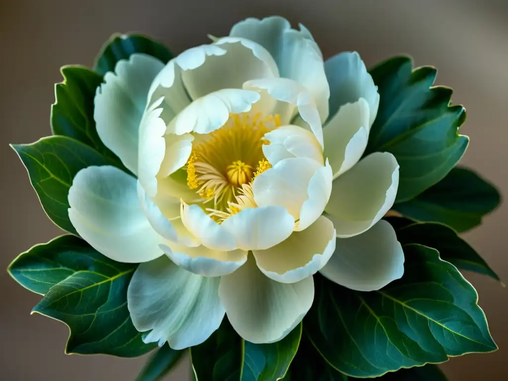 Una peonía blanca en primer plano, con detalles intrincados y delicados pétalos, iluminada por una suave luz difusa