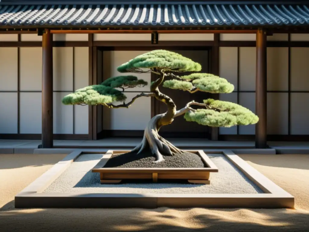 Una fotografía en blanco y negro de un apacible jardín Zen, con grava cuidadosamente rastrillada y un solitario árbol bonsái en el centro