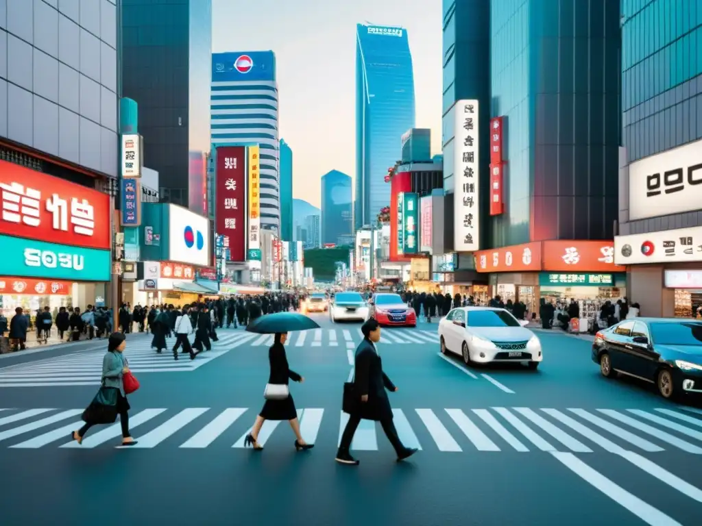 Una fotografía en blanco y negro de una bulliciosa calle en Seúl, Corea del Sur, capturando la vibrante energía de la ciudad con personas caminando, autos circulando y letreros de neón iluminando el paisaje urbano