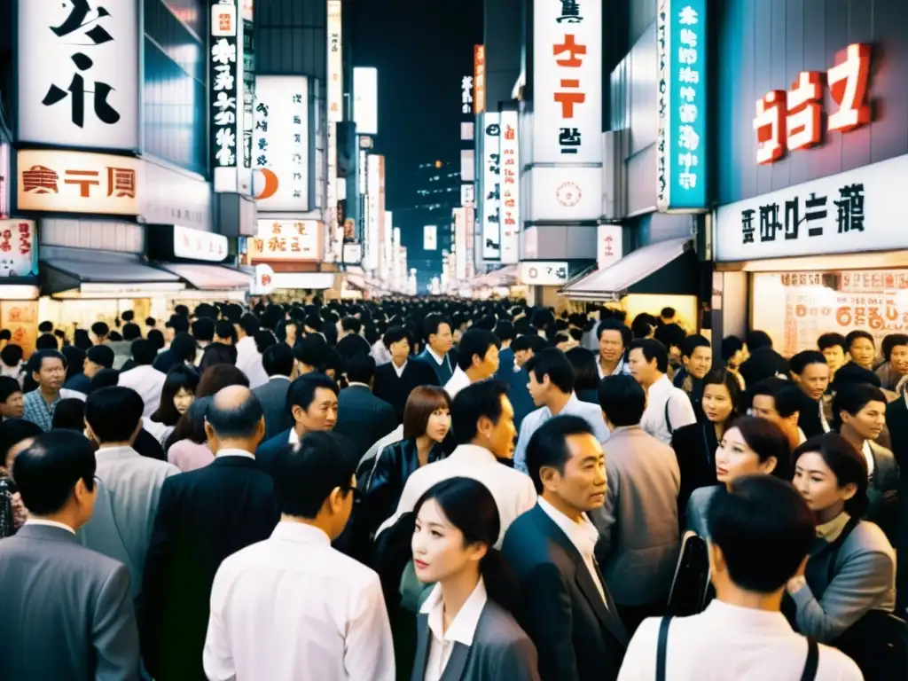 Una fotografía en blanco y negro de una concurrida calle de Tokio, con gente bulliciosa, letreros de neón brillando al fondo y una sensación de energía frenética y aislamiento urbano