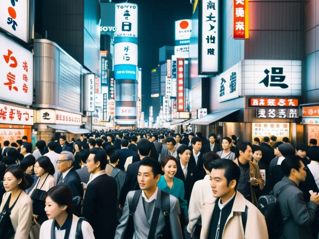 Una fotografía en blanco y negro de una concurrida calle de Tokio, con gente caminando en direcciones opuestas, rodeada de altos edificios futuristas