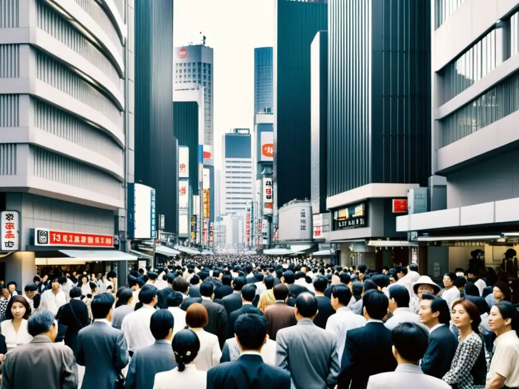 Tokyo: Contrastes Urbanos en Blanco y Negro Una fotografía en blanco y negro de una concurrida calle de Tokio, con altos edificios que dominan sobre los bulliciosos peatones, capturando el paisaje urbano moderno descrito en 'Kafka en la Orilla' de Haruki Murakami