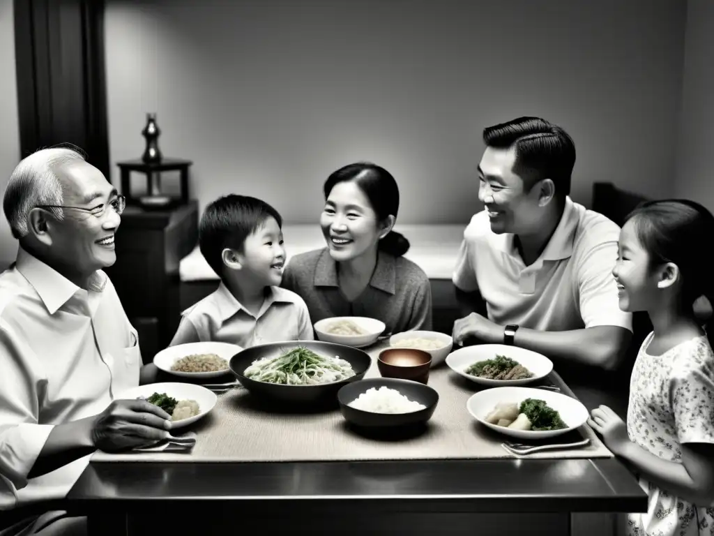 Una fotografía en blanco y negro de una familia asiática de múltiples generaciones reunida alrededor de una mesa, disfrutando de una animada conversación y reflejando la influencia del Confucianismo en las familias asiáticas