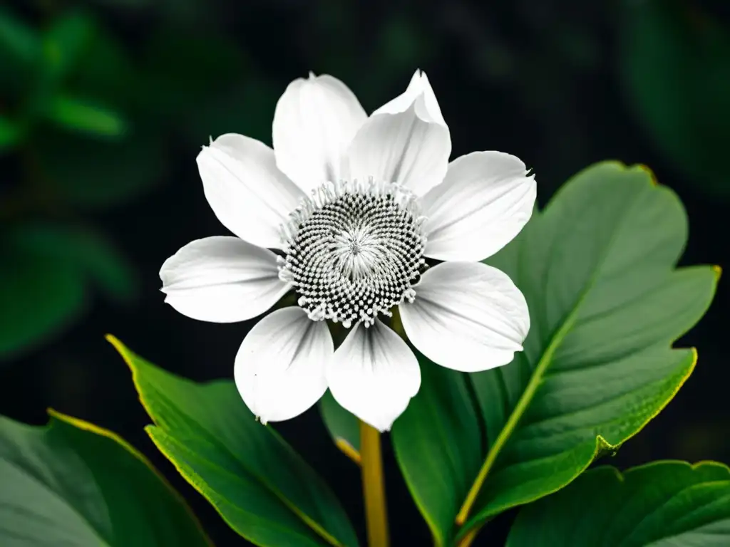 Una fotografía en blanco y negro de una flor marchita, contrastando con flores vivas