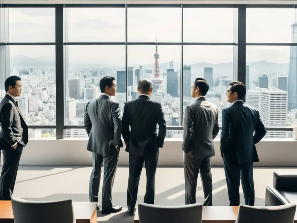 Una fotografía en blanco y negro de salarymen japoneses en trajes, reunidos en una oficina ordenada con vistas a Tokio