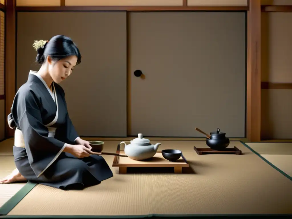 Ceremonia del té japonesa: gracia y tradición en blanco y negro Una fotografía en blanco y negro de una serena ceremonia del té japonesa en una habitación minimalista de tatami