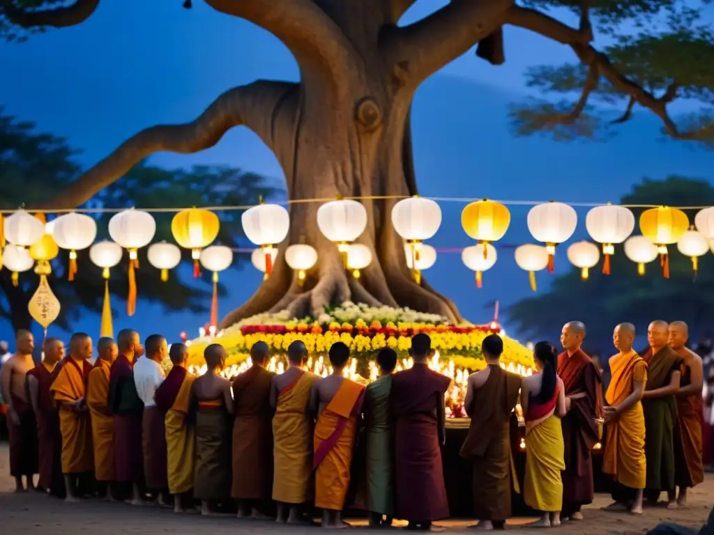 Bajo el Bodhi tree, budistas y devotos celebran Vesak con lámparas y banderas de oración, creando una atmósfera serena de devoción espiritual