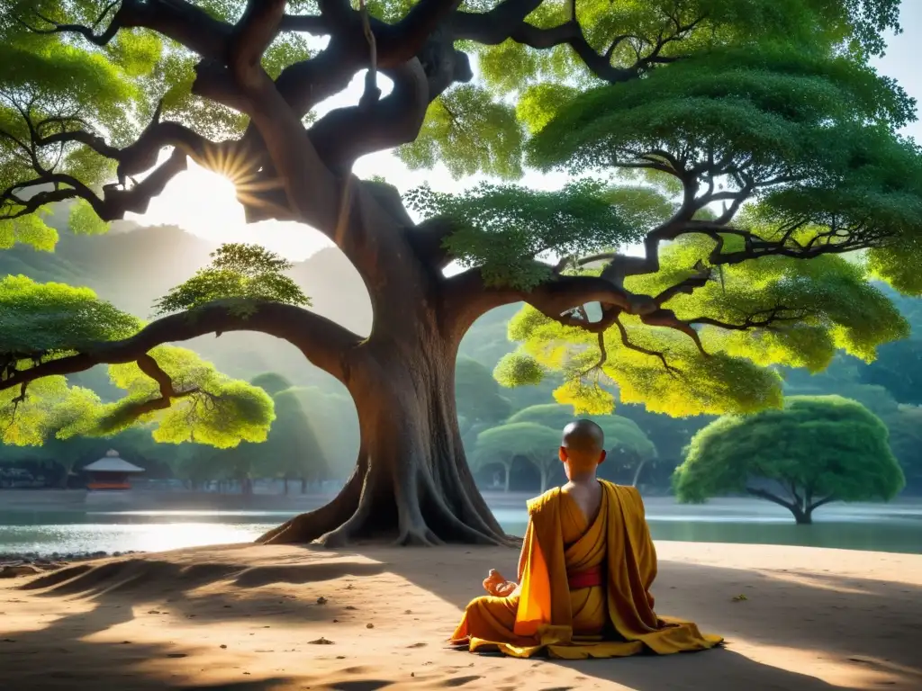 Un Bodhi majestuoso, monjes en oración bajo su sombra