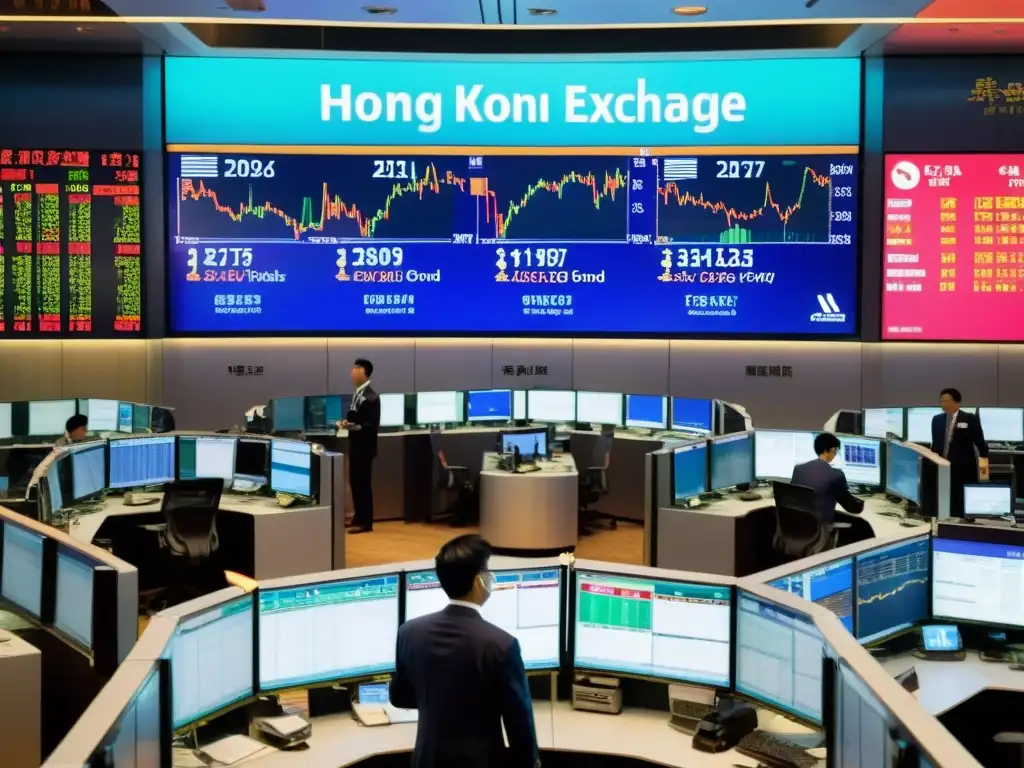 Bolsa de Valores de Hong Kong con brokers en trajes de negocios haciendo tratos bajo la luz de la cinta de cotizaciones electrónica, capturando la energía intensa y la naturaleza de alto riesgo del mercado de bonos asiáticos refugio inversionistas globales