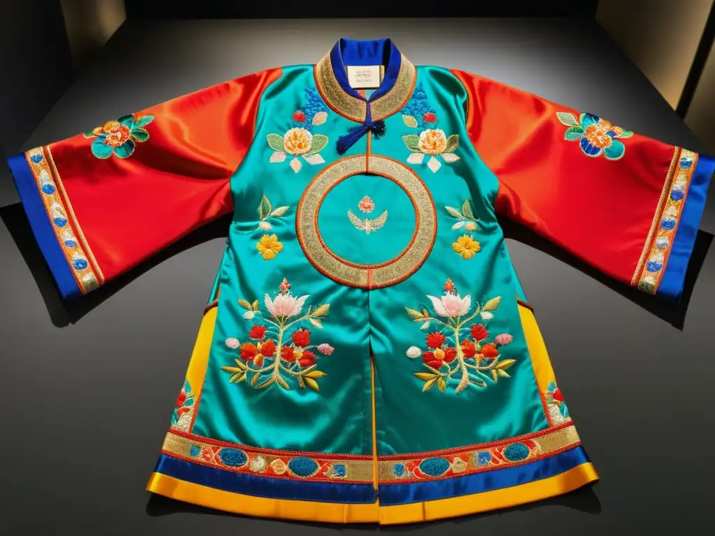 Robe Manchú bordada exhibida en museo, con colores vibrantes y detallados motivos culturales y naturales