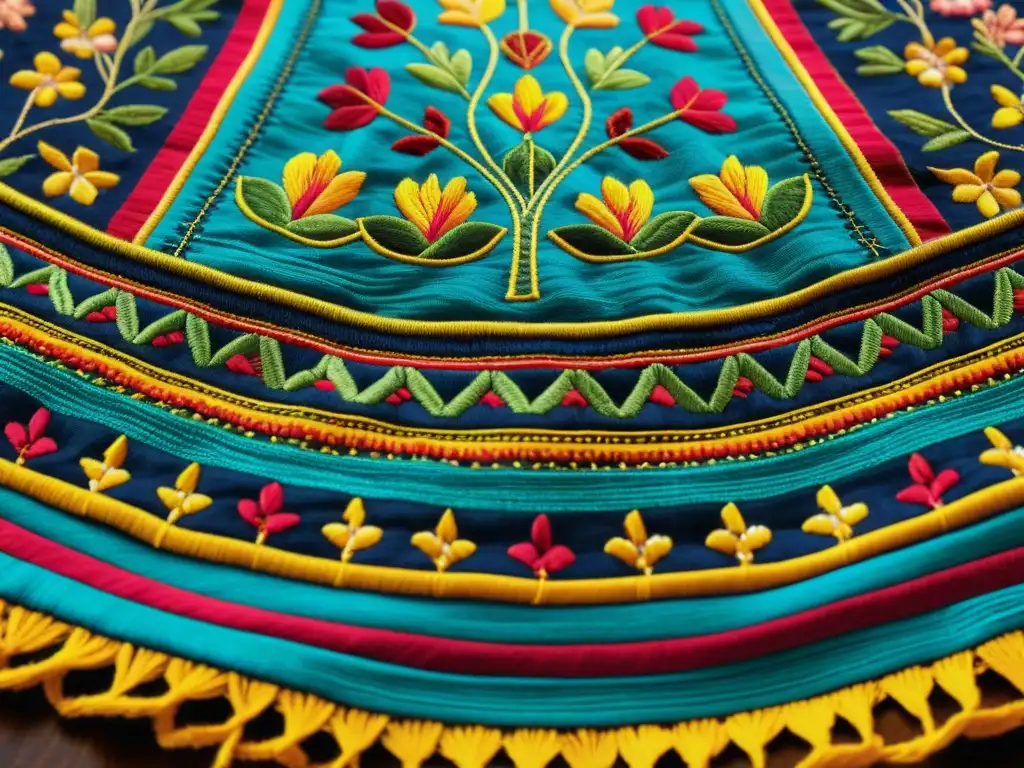 Bordado tradicional en moda contemporánea: Detalles exquisitos de un textil bordado con motivos culturales y colores vibrantes