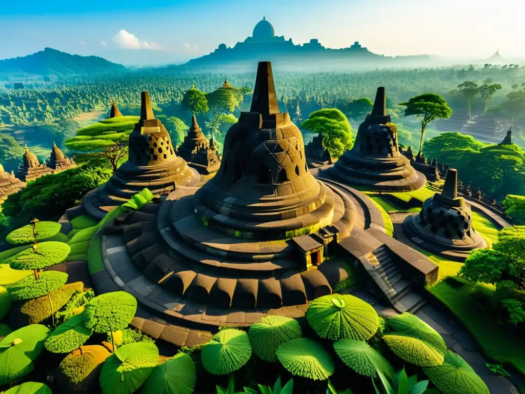 Borobudur, templo antiguo rodeado de exuberante vegetación, muestra la influencia del Budismo en la arquitectura asiática