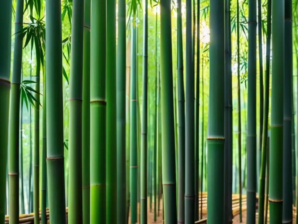 Un bosque de bambú asiático, con luz solar entre la densa vegetación