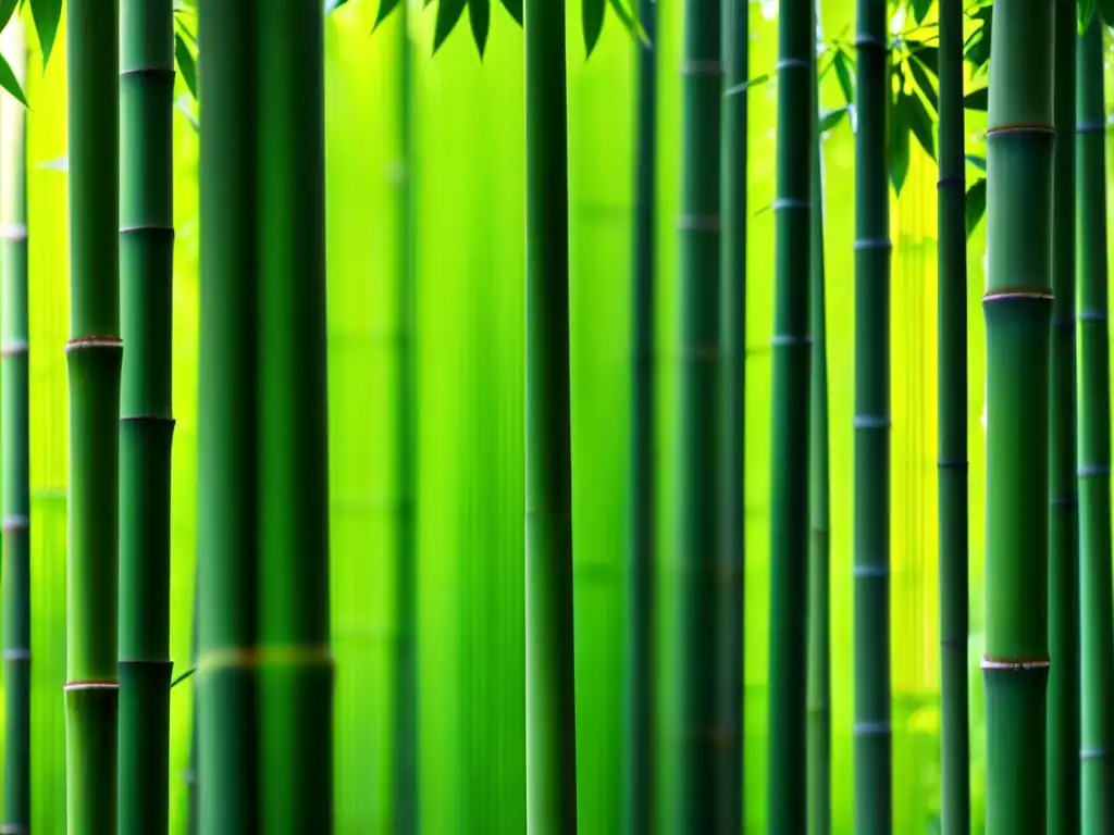 Un bosque de bambú exuberante con la luz del sol filtrándose entre las hojas verdes, evocando la tranquilidad y los beneficios del bambú para piel