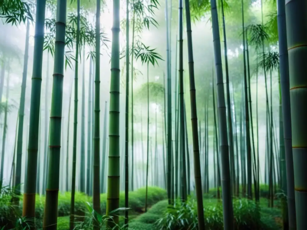 Un bosque de bambú en Kyoto, Japón, capturando la esencia de la filosofía de la impermanencia asiática con su atmósfera serena y efímera