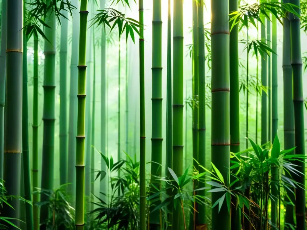 Bosque de bambú sereno y exuberante con luz filtrándose entre el follaje, creando patrones de luz y sombra en el suelo