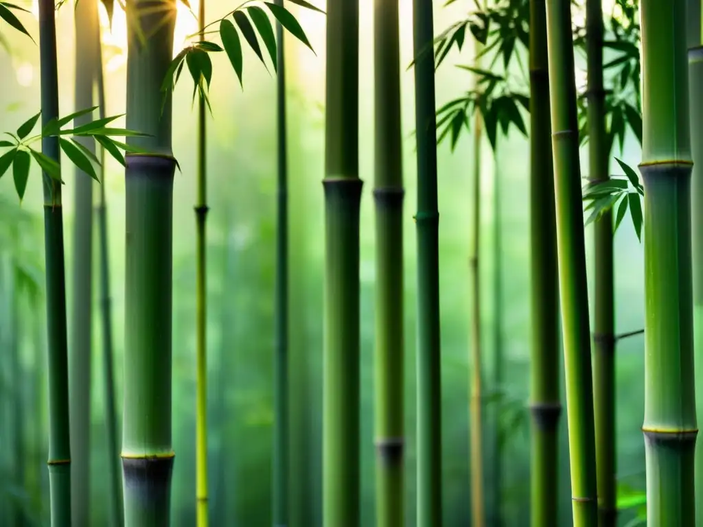 Bosque de bambú sereno al amanecer, con luz dorada filtrándose entre el follaje