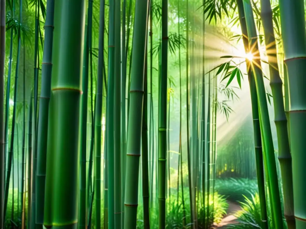 Bosque de bambú sereno al amanecer: belleza natural asiática Un bosque de bambú sereno y húmedo al amanecer, con luz filtrándose a través del dosel verde