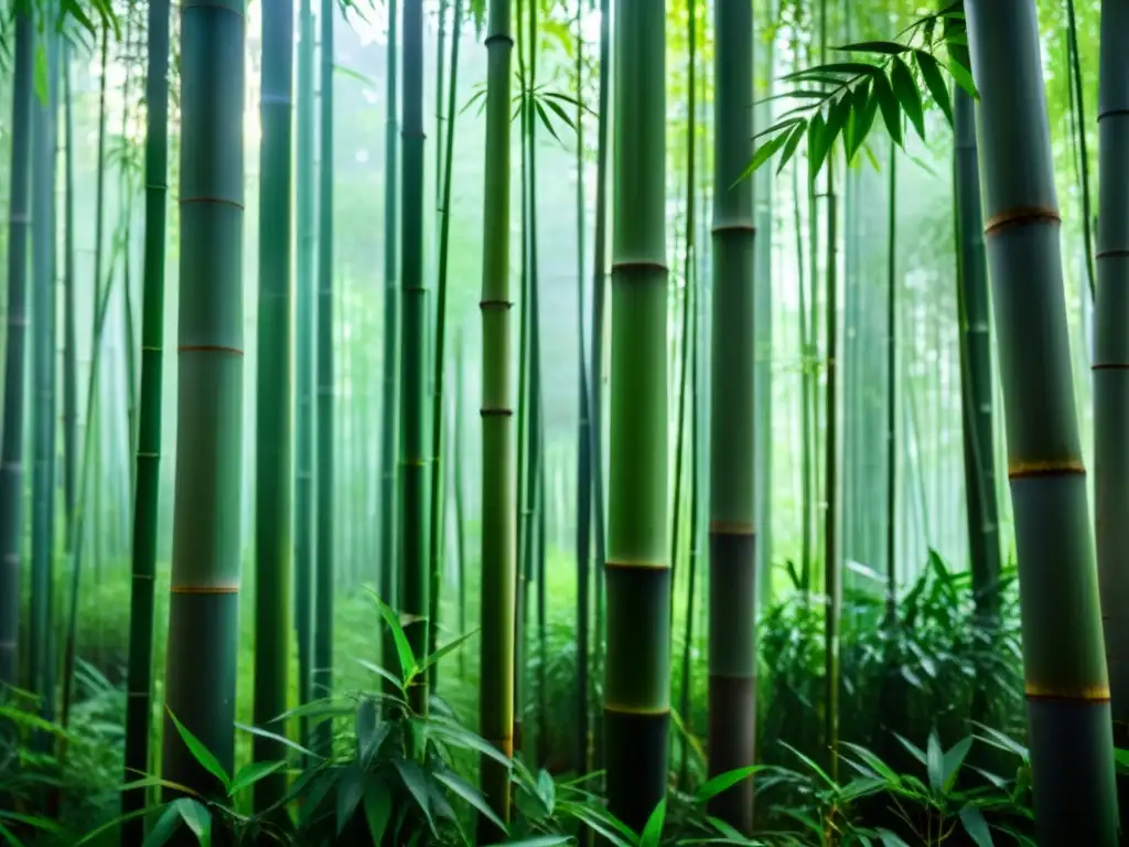 Un bosque de bambú sereno y neblinoso con la luz del sol filtrándose a través del denso follaje, creando patrones intrincados en el suelo del bosque