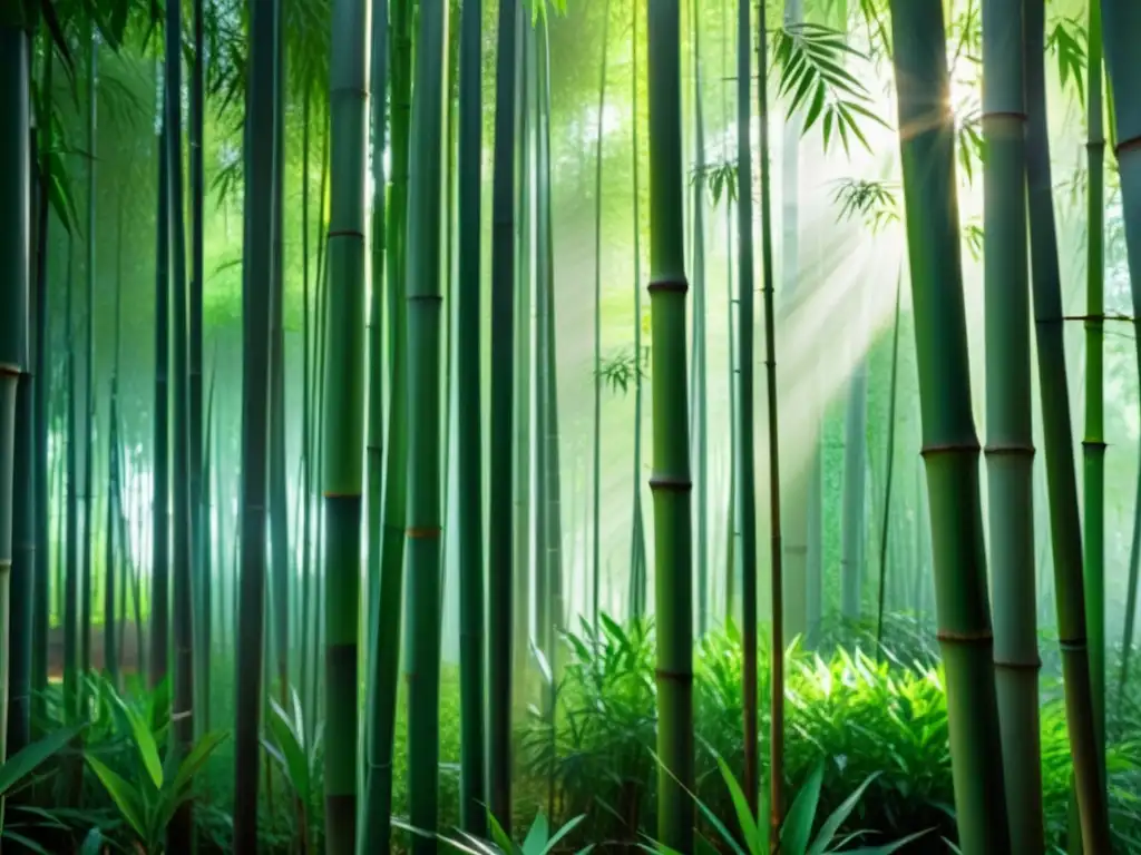 Un bosque de bambú sereno y neblinoso en la luz matutina, con rayos de sol filtrándose suavemente a través de la exuberante vegetación