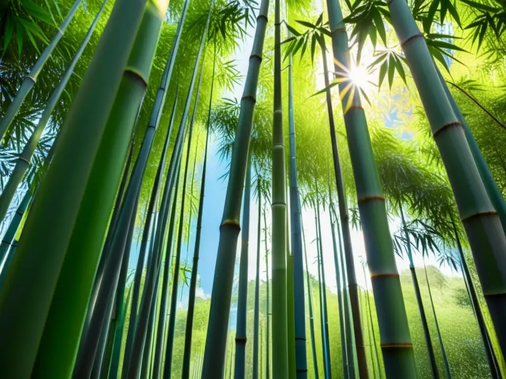 Un bosque de bambú tranquilo en Asia, con luz solar filtrándose a través de las hojas verdes