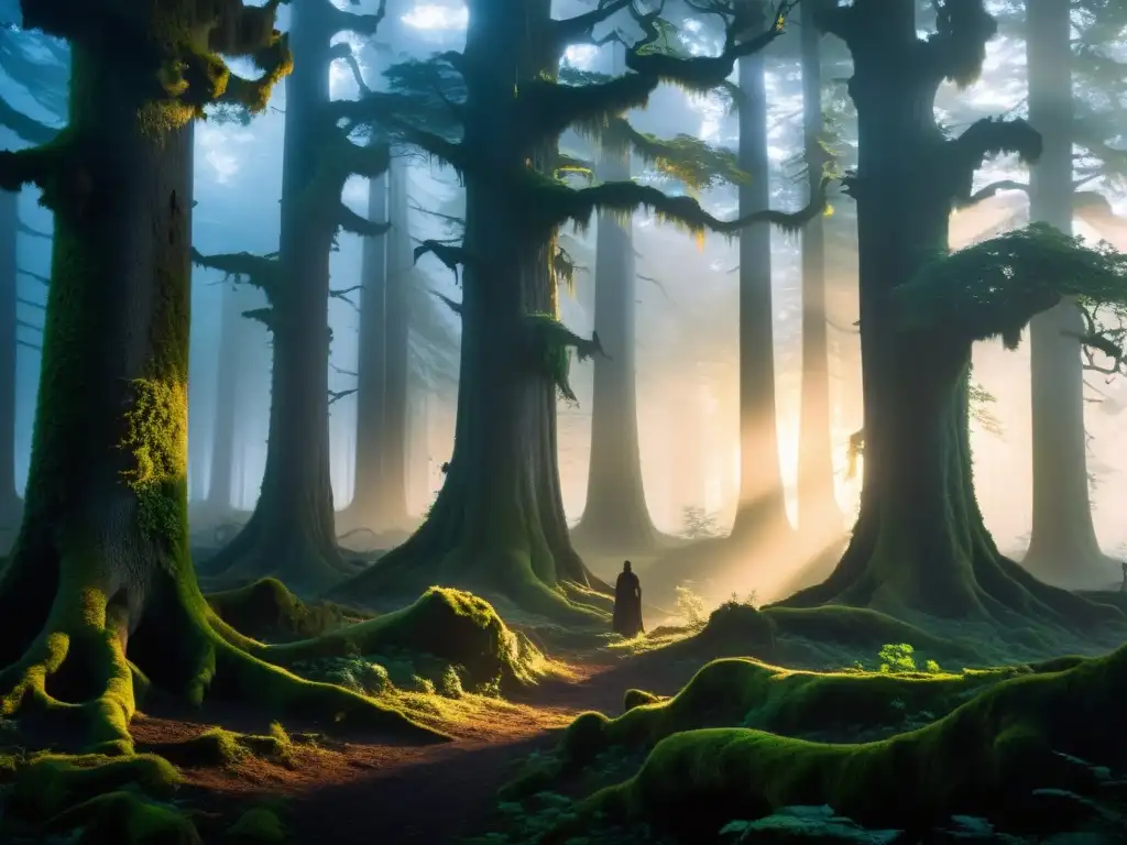 Un bosque envuelto en neblina con árboles antiguos y retorcidos, un ambiente misterioso y sobrenatural
