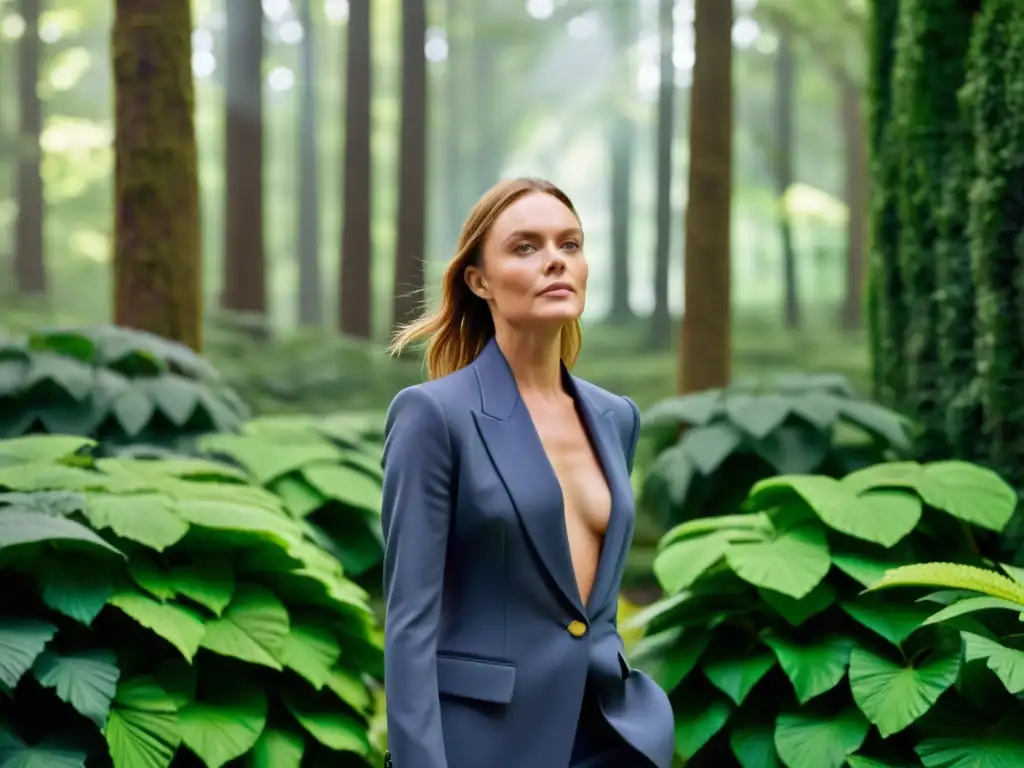 Stella McCartney en un bosque exuberante, vistiendo moda sostenible, con expresión determinada