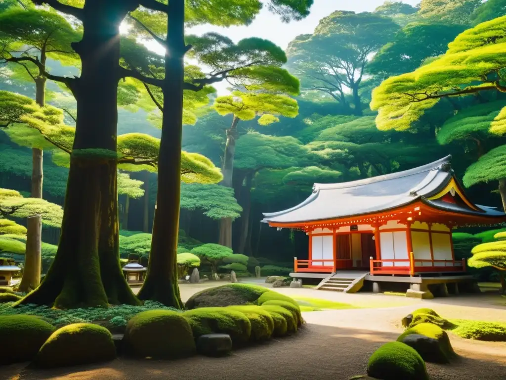 Un bosque japonés exuberante y sereno, con árboles antiguos, follaje vibrante y un santuario Shinto en la distancia