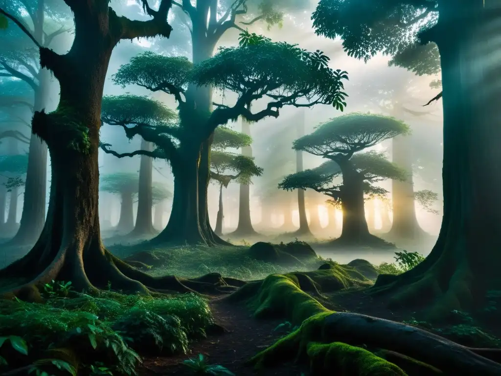 Un bosque misterioso en la India con árboles ancestrales envueltos en neblina, iluminado por luciérnagas