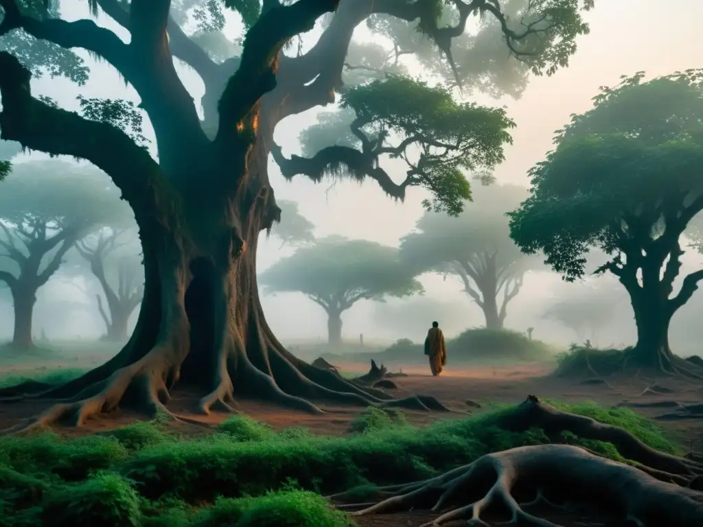 Un bosque misterioso y neblinoso en la India con árboles antiguos y una luz etérea, evocando elementos sobrenaturales de la literatura india
