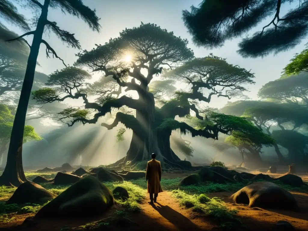 Un bosque misterioso y neblinoso en India, con árboles antiguos y retorcidos que se elevan hacia el cielo