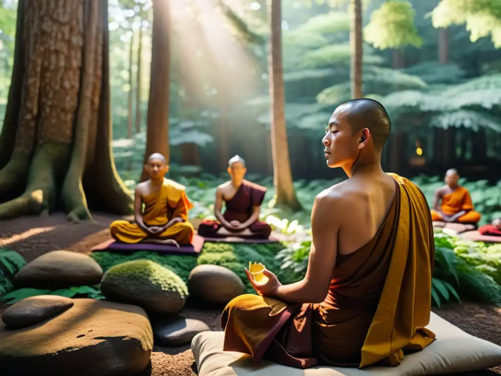 Un bosque sereno bañado por la luz del sol, donde un monje budista guía una meditación con un grupo diverso