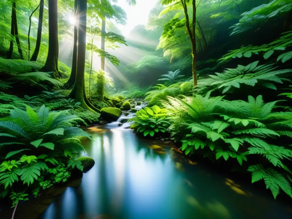 Un bosque sereno y exuberante con luz solar filtrándose a través del dosel frondoso, creando sombras moteadas en el suelo del bosque