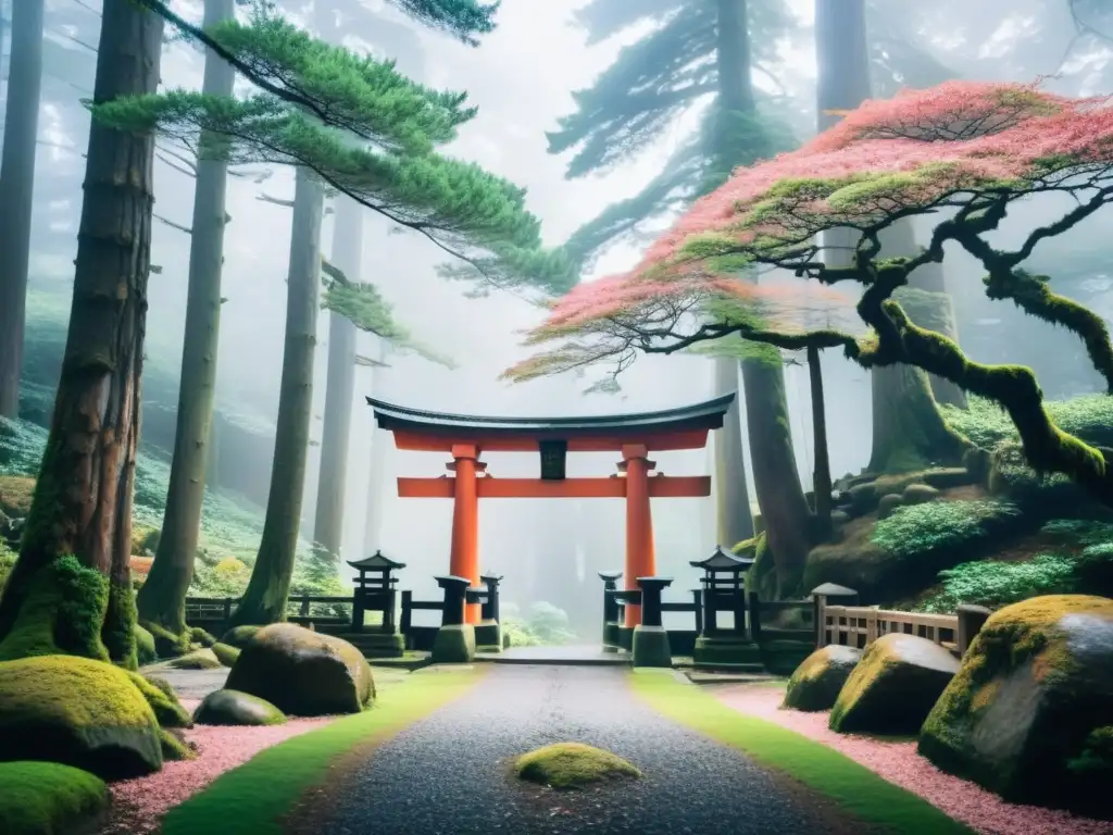 Un bosque sereno y neblinoso en Japón, con cedros antiguos en la niebla y un torii tradicional