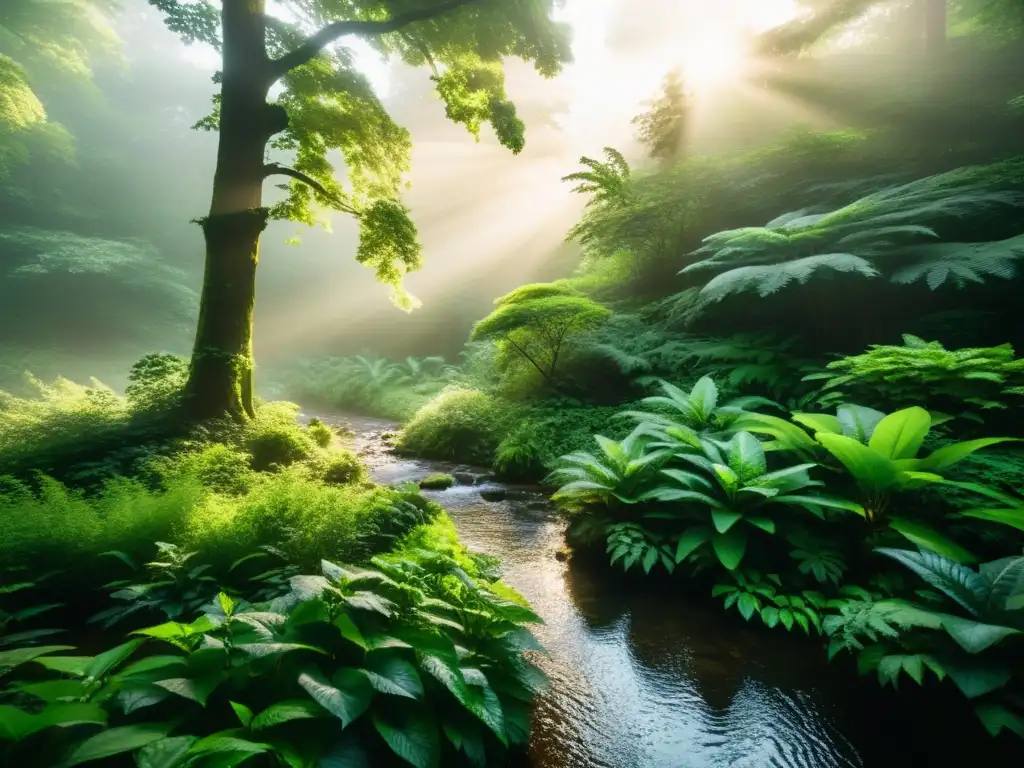 Un bosque sereno y neblinoso al amanecer, con luz solar entre los árboles y un arroyo tranquilo rodeado de exuberante vegetación