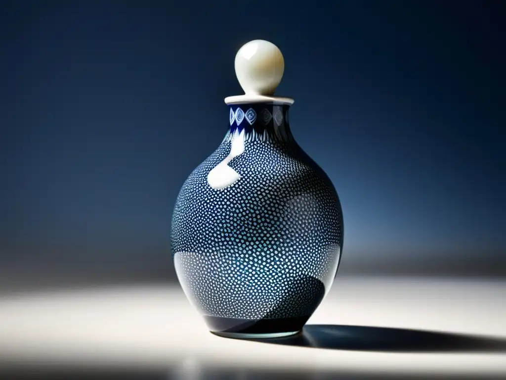 Una botella de porcelana coreana tradicional llena de esencia transparente, con patrones intrincados resaltados