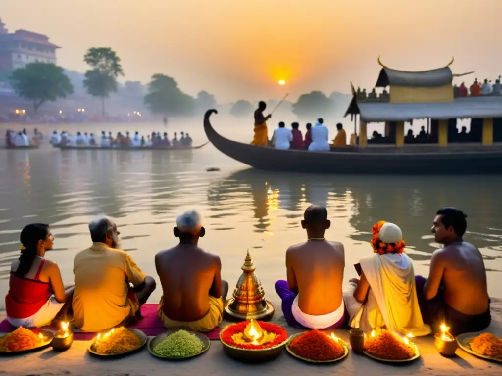 Brahmanes en ritual matutino ofreciendo flores e incienso al sagrado Ganges, capturando su tradición y espiritualidad